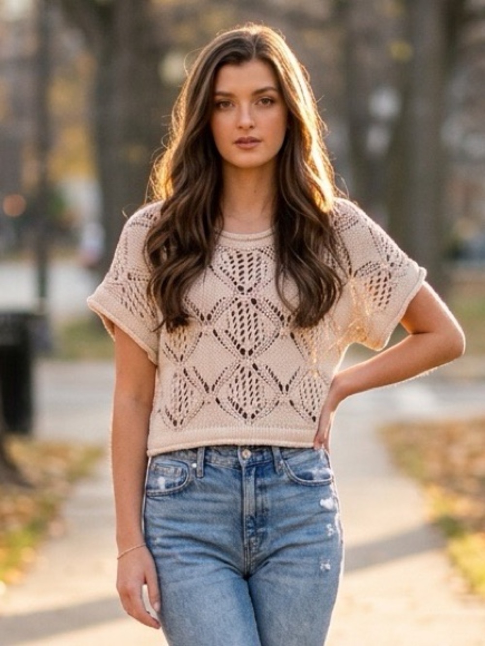 Stitch + Feather Cream Open Knit Crochet Short Sleeve Sweater M